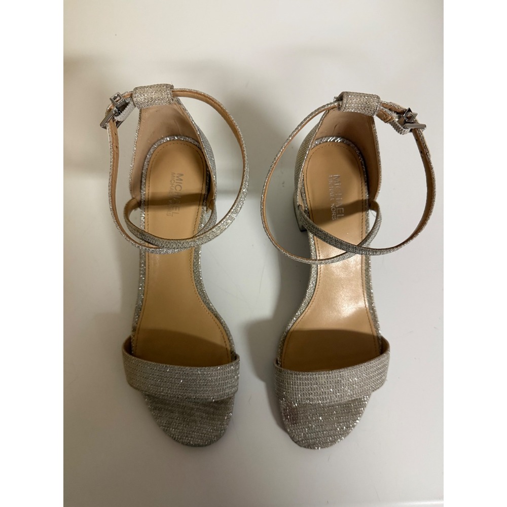 Michael Michael Kors Silver Glitter Block Heel Sandals Ankle Strap Women 7M